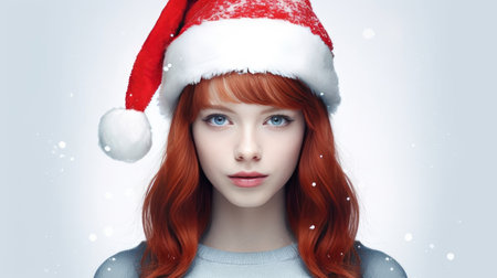 Portrait of a young, beautiful girl with red hair in a Santa Claus hat on a white background. New Years and Christmas. AI generatedの素材