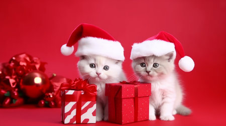 The cat and kittens celebrate the Christmas holidays in a red santa claus hat, reindeer antlers and a red gift ribbon on a red background. AI generated.の素材
