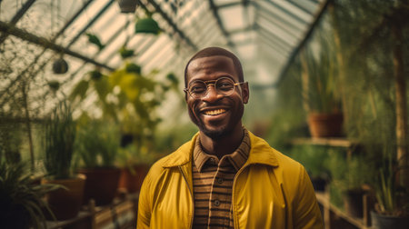 Portrait of a dark-skinned man who smiles and stands inside a greenhouse with flowers in a yellow jacket. AI generated.の素材
