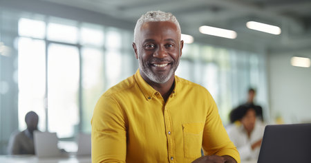 Portrait of a dark-skinned adult man with gray hair, who smiles and sits in the office at a laptop in a bright office, wearing a yellow shirt. AI generated.の素材