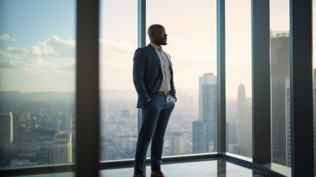 A dark-skinned businessman in a middle-aged office smiling looks out a large window from roll to ceiling. AI generated.の素材