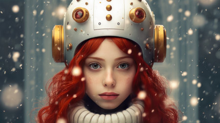 Portrait of a young girl with red hair in an astronaut helmet. New Years and Christmas. AI generatedの素材