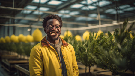 Portrait of a dark-skinned man who smiles and stands inside a greenhouse with flowers in a yellow jacket. AI generatedの素材