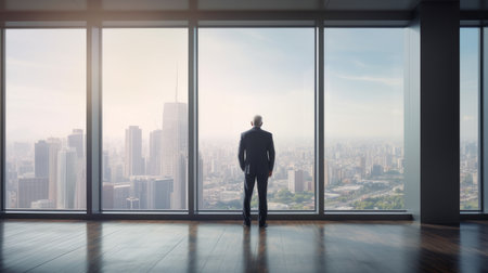 A middle-aged businessman in an office stands and looks out a large floor-to-ceiling window. AI generatedの素材