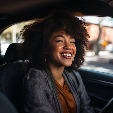 A young, curly-haired, dark-skinned girl is happily riding in a car. The student travels by carの素材