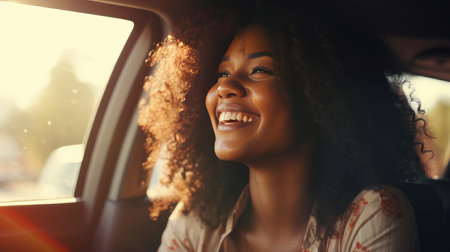 A young, curly-haired, dark-skinned girl is happily riding in a car. The student travels by carの素材