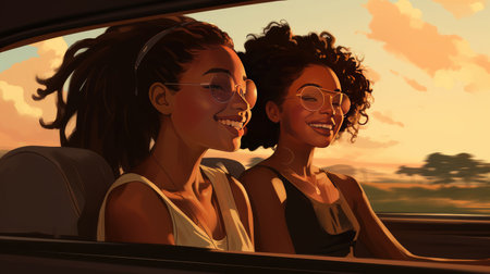 Two young, curly, dark-skinned girls are having fun in a car. Female student travels by carの素材
