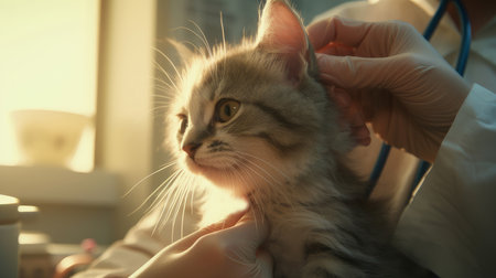 A small kitten is examined by a veterinarian doctor in a clinic with sun rays from the windows, close-up. Concept of caring for and caring for pets.の素材
