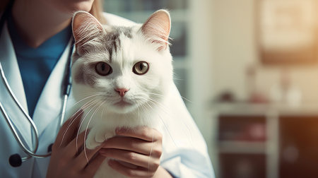 A cat in the arms of a female veterinarian in the clinic, close-up. Concept of caring for and caring for petsの素材