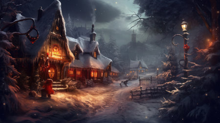 New Year's landscape with snow-covered houses and Christmas trees on Christmas Eve. AI generated.の素材