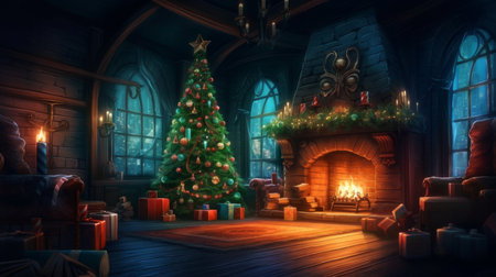 New Year's interior in the house with a Christmas tree and gifts on Christmas evening. AI generated.の素材