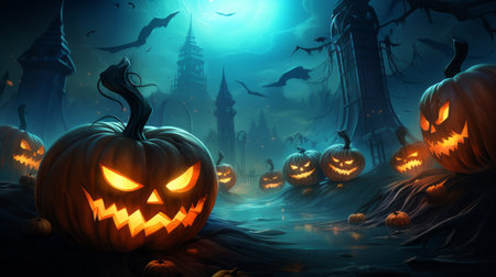 Jack O' Lanterns glowing in a fantastic night in a futuristic style. Halloween background.の素材