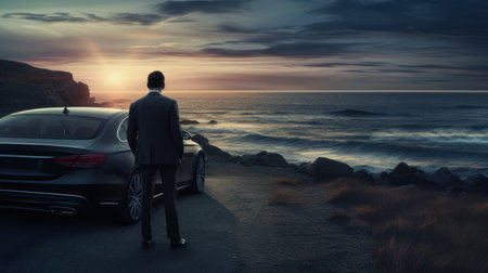 A male businessman stands near a modern super car, on the ocean and looks at the sea and sunset against the backdrop of nature and mountains. Cars of the future, automotive industry and businessの素材