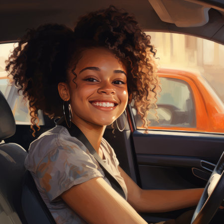 A young, curly-haired, dark-skinned girl is happily riding in a car. The student travels by carの素材