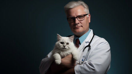 A small kitten in the arms of a male veterinarian in the clinic, close-up. Pet care and grooming conceptの素材