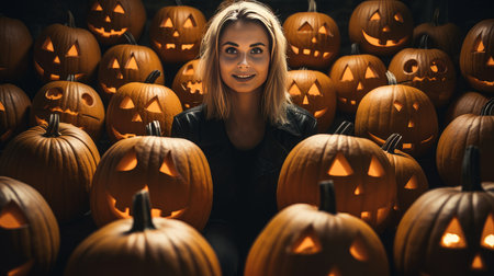 Halloween Witch girl portrait. Beautiful young woman in witches hat with long curly red hair and bright lips. Over spooky dark magic forest background. Wide Halloween party art design.の素材