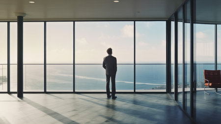 A middle-aged businessman in an office stands and looks out a large floor-to-ceiling window. AI generatedの素材