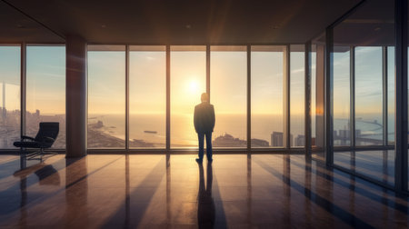A middle-aged businessman in an office stands and looks out a large floor-to-ceiling window. AI generatedの素材