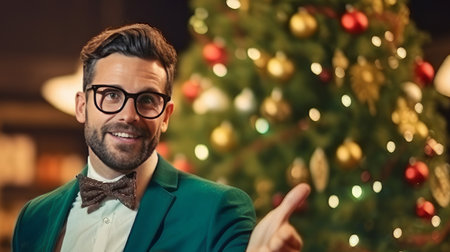 Portrait of a cheerful and happy man in glasses near the New Year tree on Christmas Eve in a home interiorの素材
