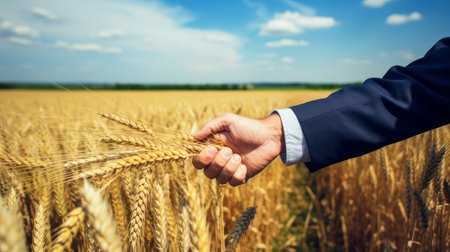 Two businessmen in a jacket and shirt shake hands while concluding a grain and wheat trade close-up, next to a wheat field and blue sky. Handshake of two menの素材