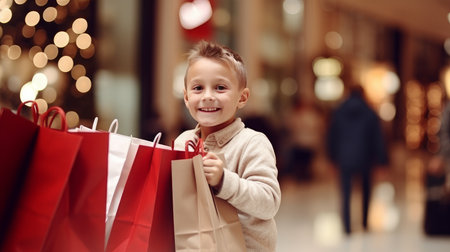 Smiling child with Christmas gifts in shopping bags at the mall. Christmas sale concept.の素材