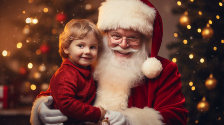Santa Claus holds a child on his lap near a Christmas tree on a blurred background of bokeh lights. Merry Christmas and New Year conceptの素材