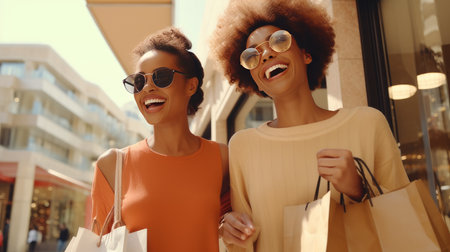 Two happy dark-skinned and smiling female friends walk through boutiques and shopping centers and buy goods on Black Friday sales day.の素材