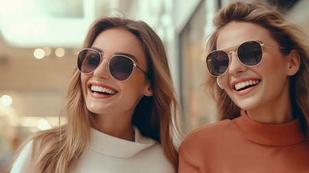 Two happy and smiling girlfriends walk through boutiques and shopping centers and buy goods on Black Friday sales day.の素材