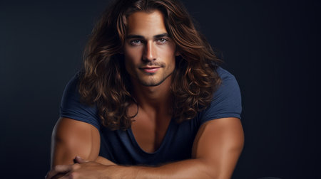 elegant sexy smiling Caucasian man with perfect skin and long hair, on a dark blue background, banner, close-up. Advertising of cosmetic products, spa treatments, shampoos and hair care, dentistry and medicine, perfumes and cosmetology for men.の素材