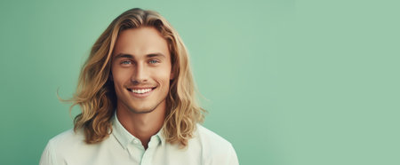 Elegant sexy smiling Caucasian blond man with blond and long hair with perfect skin, on a light green background, banner. Advertising of cosmetic products, spa treatments, shampoos and hair care, dentistry and medicine, perfumes and cosmetologyの素材