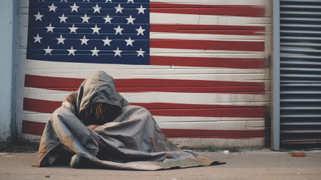A homeless man lies on the ground on the streets of a large area covered with an American flag. Concept of poverty, misery and hunger.の素材