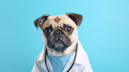 A dog with glasses, a stethoscope and a doctor's suit on a blue background.の素材