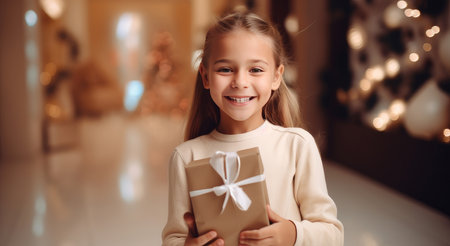 A small child rejoices and is happy with a gift in his hands on the day of the Black Friday sale.の素材