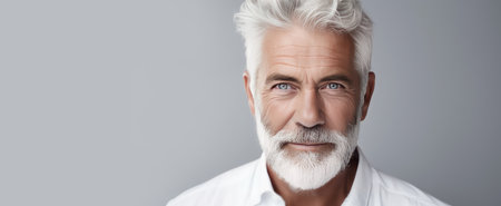 Elegant smiling elderly Caucasian man with gray hair with perfect skin, on a light gray background, banner. Advertising of cosmetic products, spa treatments, shampoos and hair care products, dentistry and medicine, perfumes and cosmetology for men.の素材
