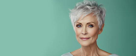 Elegant smiling, elderly, chic, woman with gray hair and short haircut, on a light green background, banner. Advertising of cosmetic products, spa treatments, shampoos and hair care products, dentistry and medicine, perfumes and cosmetology for womenの素材