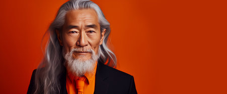 Portrait of an elderly handsome Asian senior man old with gray long hair, on an orange background, banner. Advertising of cosmetic products, spa treatments, shampoos and hair care products, dentistry and medicine, perfumes and cosmetology for menの素材