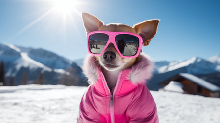 A happy active small, cheerful dog in a pink jacket and glasses runs through the snow overlooking a snowy landscape of a forest and mountains, at a ski resort. traveling around the world recreation, winter sports, vacations, tourism in unusual placesの素材
