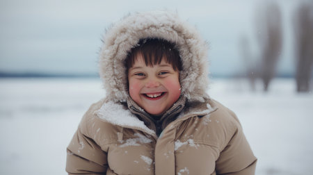 Portrait of a young, beautiful, smiling and happy child with Down syndrome in a jacket against the backdrop of a winter, snowy landscape. Concept of traveling around the world, recreation, winter sports, vacationsの素材