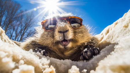 A cute, fluffy marmot crawled out of his hole wearing sunglasses among the white snow on a sunny day. The traditional holiday is Groundhog Day in the USA and Canada, on which he will see his shadow, early spring or long winter.の素材