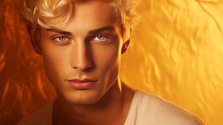 Portrait of an elegant sexy Caucasian blond man with blond hair with perfect skin, on a golden background, banner. Advertising of cosmetic products, spa treatments, shampoos and hair care, dentistry and medicine, perfumes and cosmetology for men.の素材