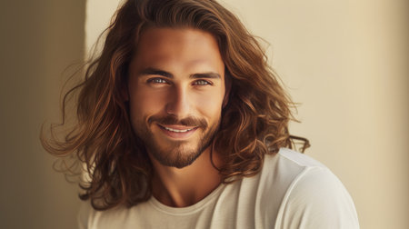 Handsome elegant sexy smiling Caucasian man with perfect skin and long hair, on a beige cream background, banner, close-up. Advertising of cosmetic products, spa treatments, shampoos and hair care, dentistry and medicine, perfumes and cosmetologyの素材
