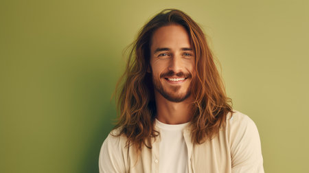 elegant sexy smiling Caucasian man with perfect skin and long hair, on a light green background, banner, close-up. Advertising of cosmetic products, spa treatments, shampoos and hair care, dentistry and medicine, perfumes and cosmetology for men.の素材