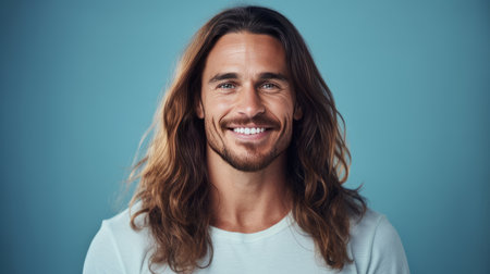 Handsome elegant sexy smiling Caucasian man with perfect skin and long hair, on a light blue background, banner, close-up. Advertising of cosmetic products, spa treatments, shampoos and hair care, dentistry and medicine, perfumes and cosmetology menの素材