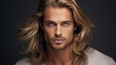 Elegant sexy smiling Caucasian blond man with blond and long hair with perfect skin, on a gray background, banner. Advertising of cosmetic products, spa treatments, shampoos and hair care, dentistry and medicine, perfumes and cosmetology for men.の素材