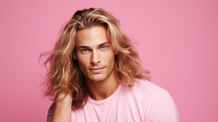 Elegant sexy smiling Caucasian blond man with blond and long hair with perfect skin, on a pink background, banner. Advertising of cosmetic products, spa treatments, shampoos and hair care, dentistry and medicine, perfumes and cosmetology for men.の素材