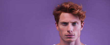 Handsome elegant sexy Caucasian man with perfect skin and red hair, on a purple background, banner, close-up. Advertising of cosmetic products, spa treatments, shampoos and hair care, dentistry and medicine, perfumes and cosmetology for men.の素材