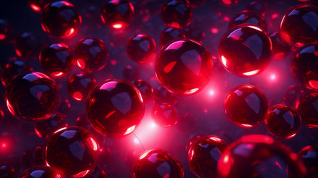 Beautiful luxury creative 3D modern abstract background consisting of black and red balls and spheres with light digital effect, copy spaceの素材