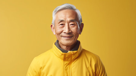 Elegant smiling elderly Asian man with gray hair, on a yellow background, banner, copy space, portrait. Advertising of cosmetic products, spa treatments, shampoos and hair care products, dentistry and medicine, perfumes and cosmetology for menの素材