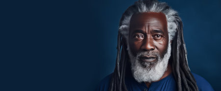 Handsome elderly black African American man with long dreadlocked hair, dark blue background, banner. Advertising of cosmetic products, spa treatments, shampoos and hair care products, dentistry and medicine, perfumes and cosmetology for senior men.の素材