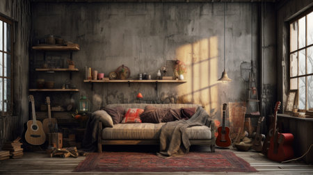 Interior of a cozy room in grunge style.の素材